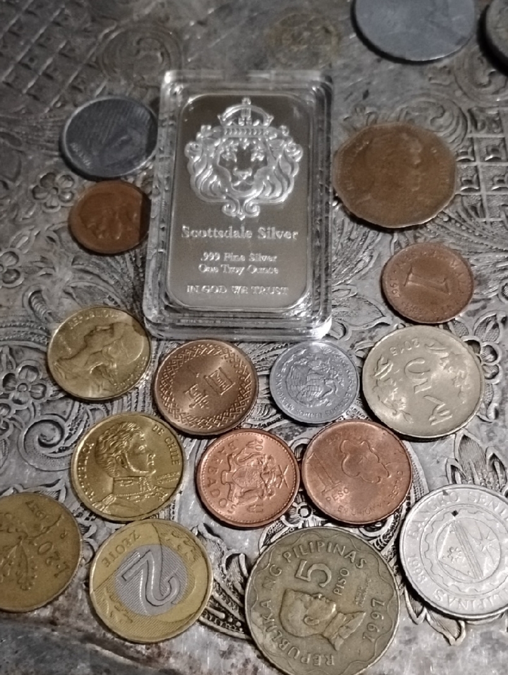 Scottsdale Silver .999 Fine Silver Plated Bar + Silver& Copper Coins
